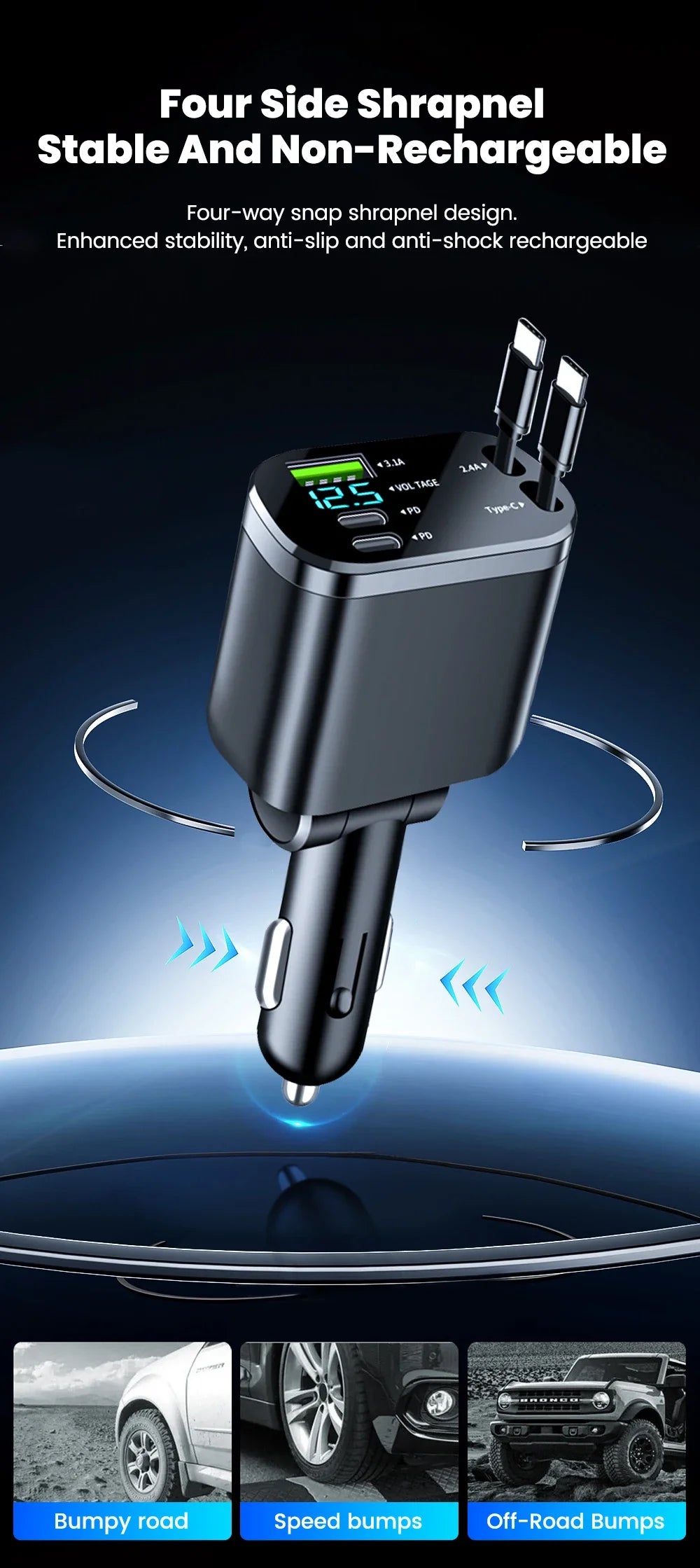 Fast Car Charger with Retractable Cables