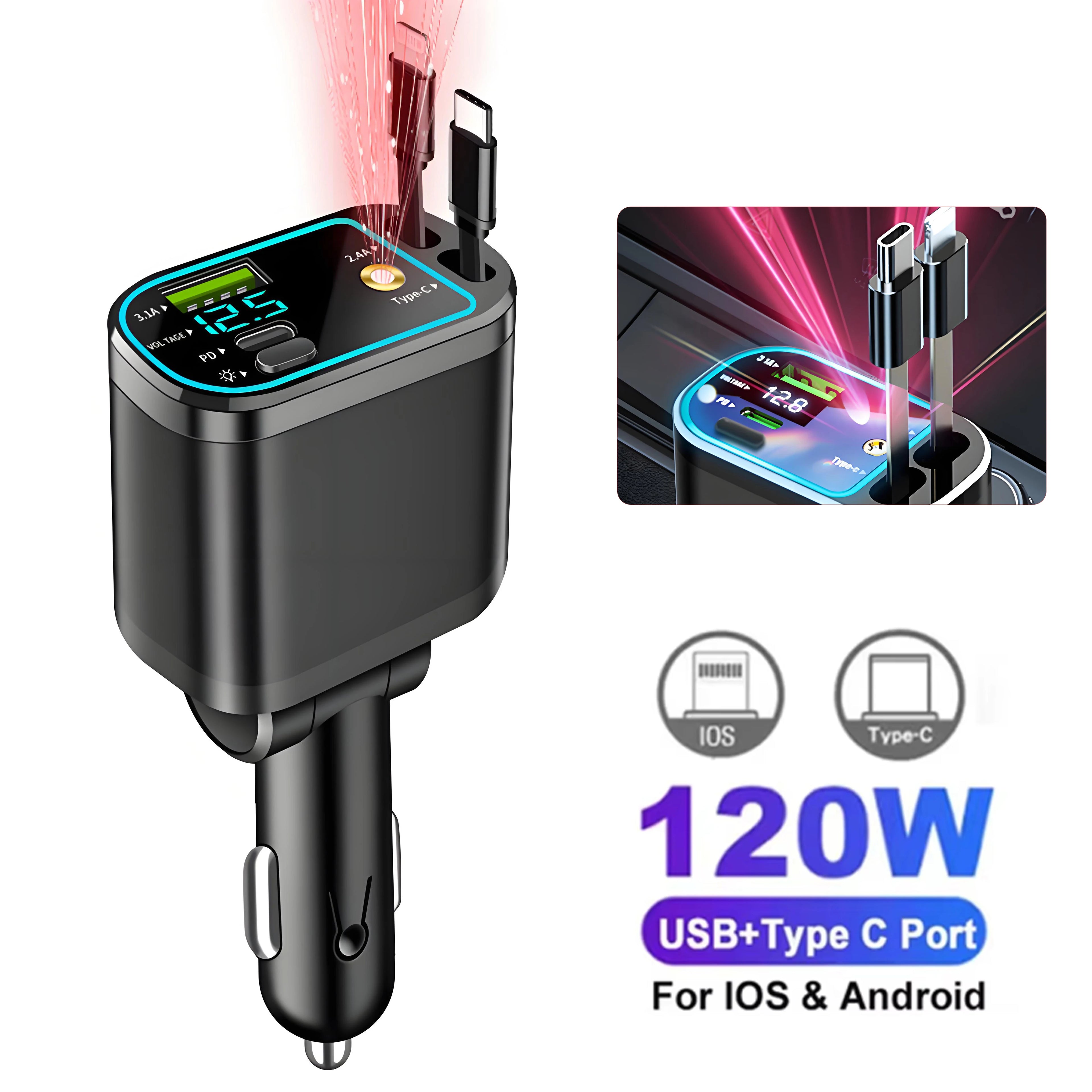 Fast Car Charger with Retractable Cables