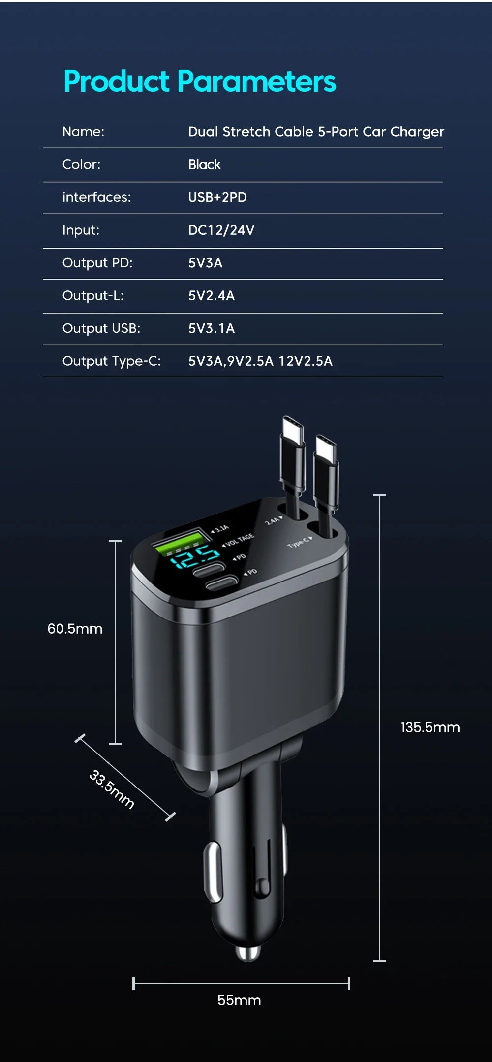 Fast Car Charger with Retractable Cables