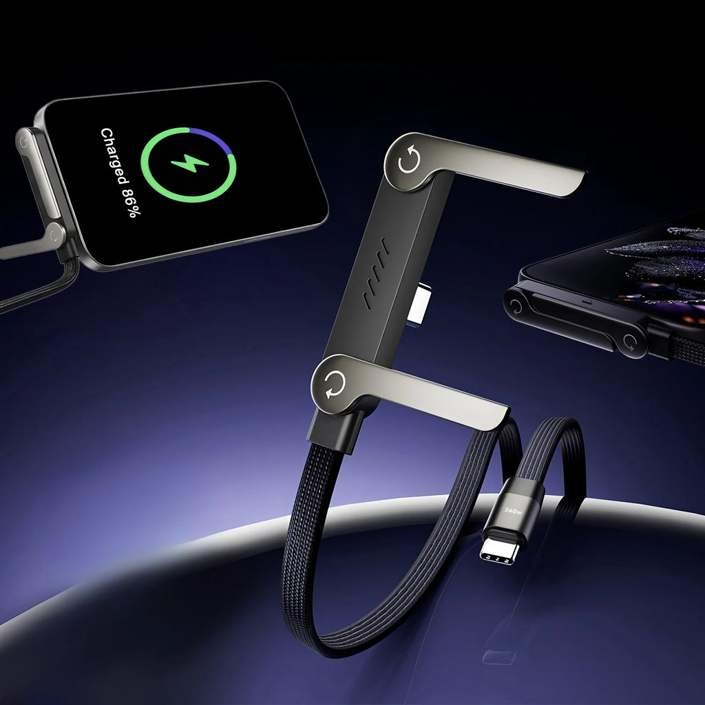 फ्लेक्सचार्ज™ फोल्डेबल फोन स्टैंड और फास्ट चार्जिंग केबल