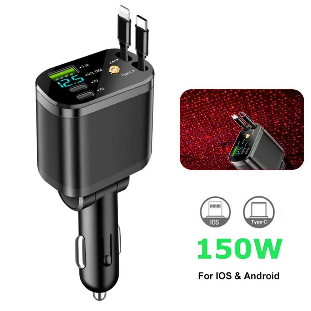 Fast Car Charger with Retractable Cables