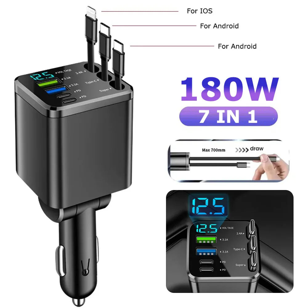 Fast Car Charger with Retractable Cables