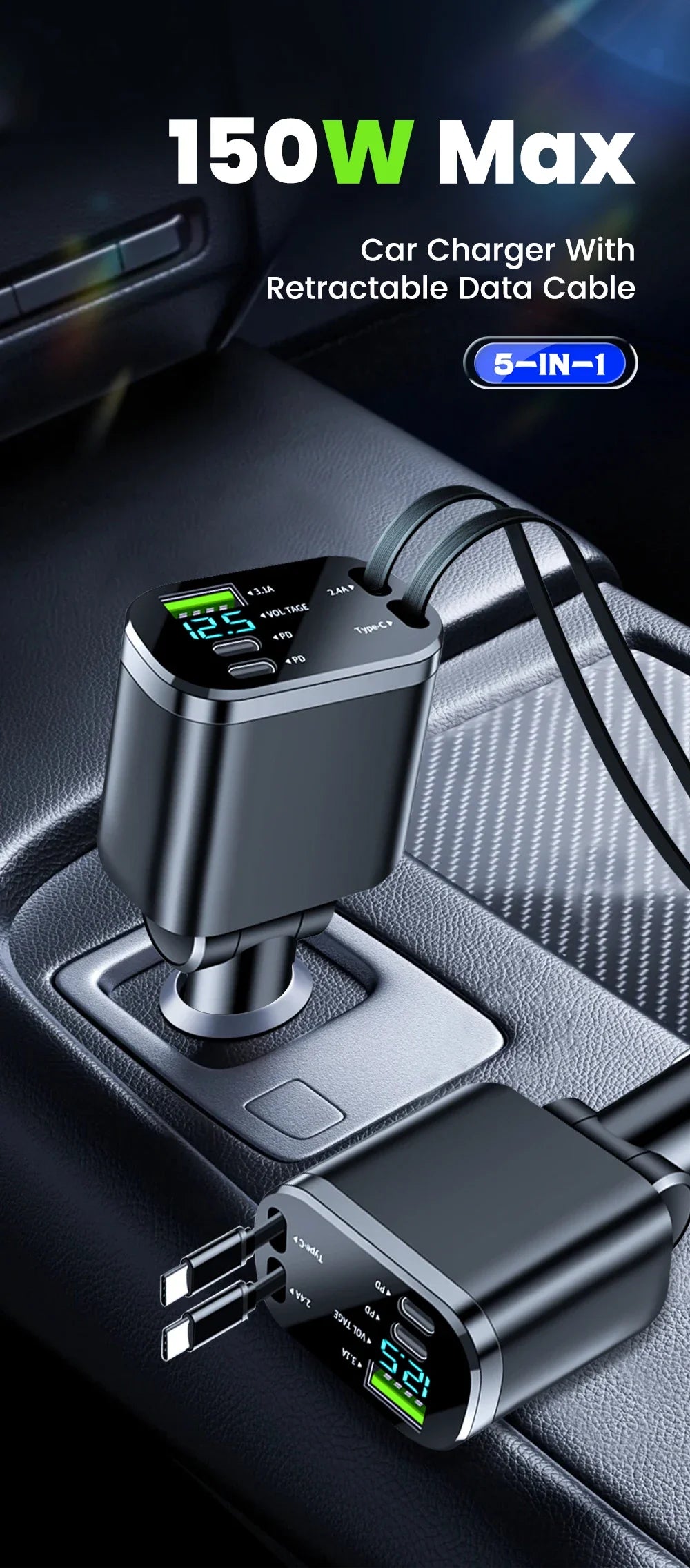 Fast Car Charger with Retractable Cables