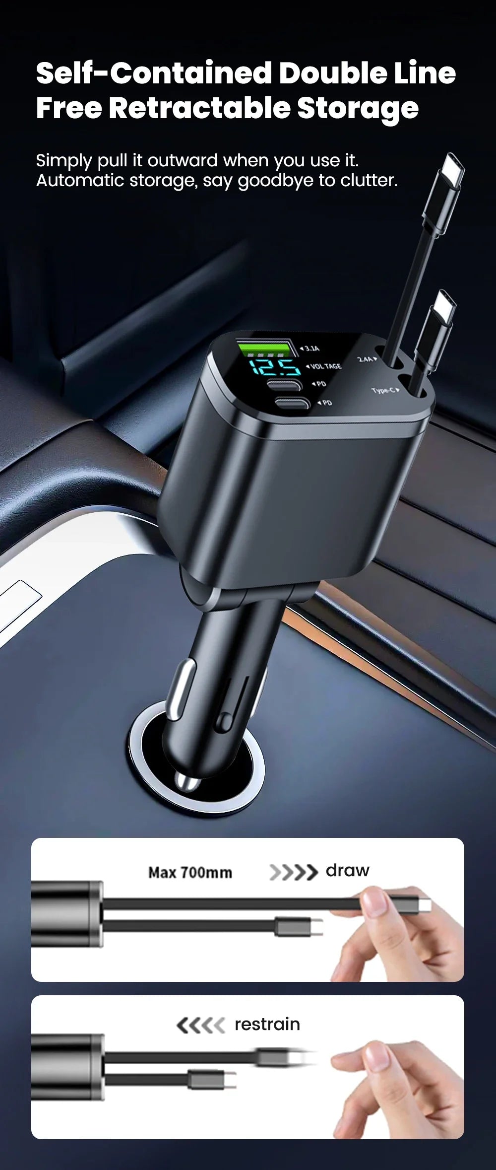 Fast Car Charger with Retractable Cables
