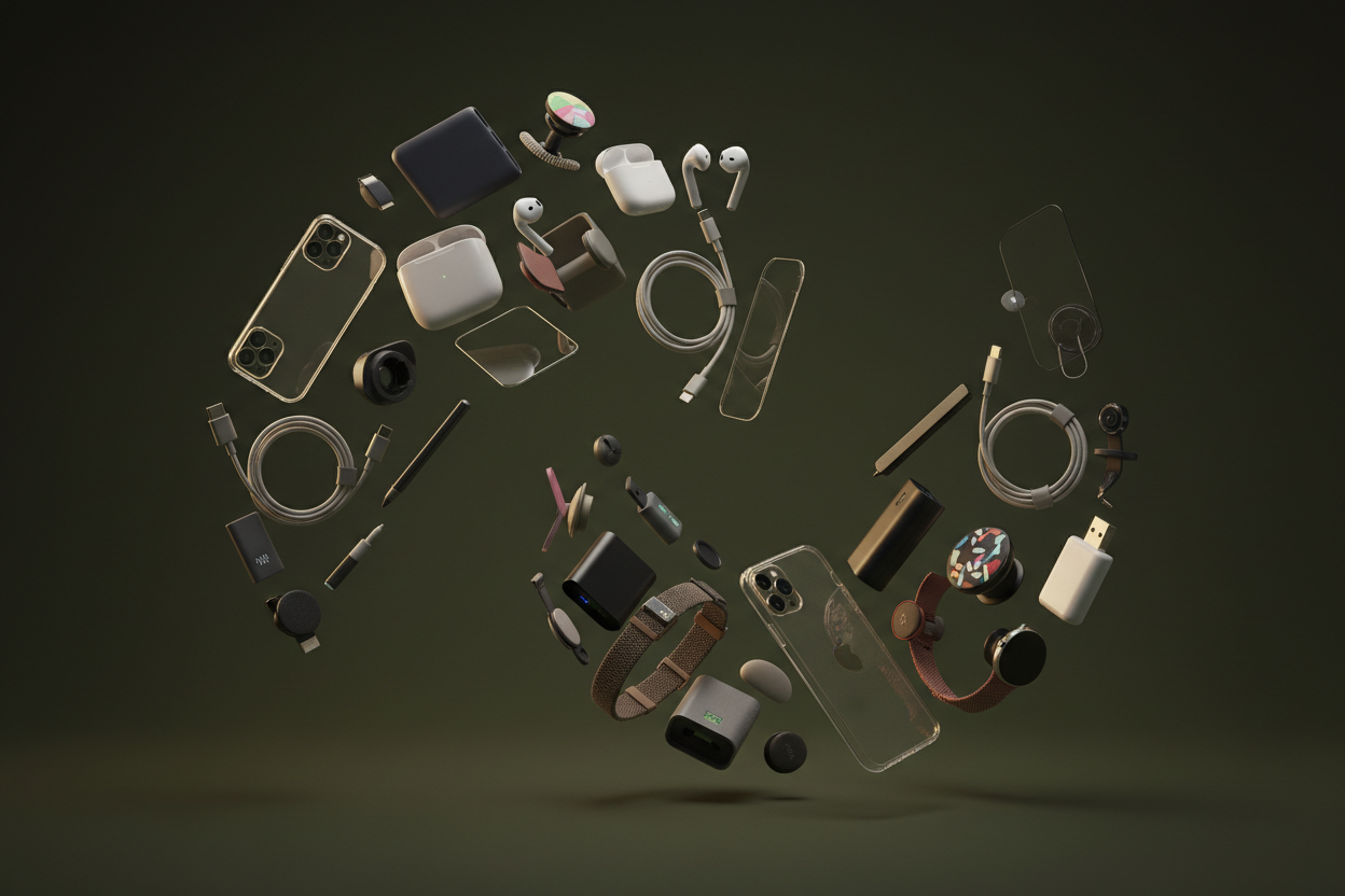 i need a vedio pf floating phone accessories,gadgets ,random gadgets..radom utlitrd in a dark olive bg 